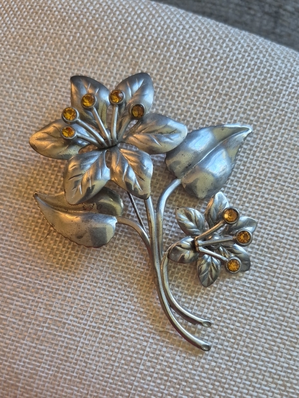 Vintage Silvertone Floral Brooch With Amber Stones